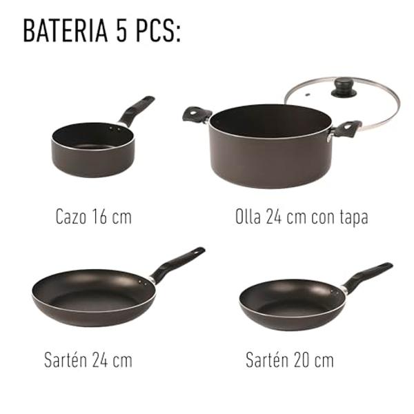 T-Fal Bateria de cocina de 5 piezas Inicia, con antiadherente Easy Plus 100% seguro para tu salud y Thermo-Señal. Lo que necesitas para comenzar a cocinar, 5813700