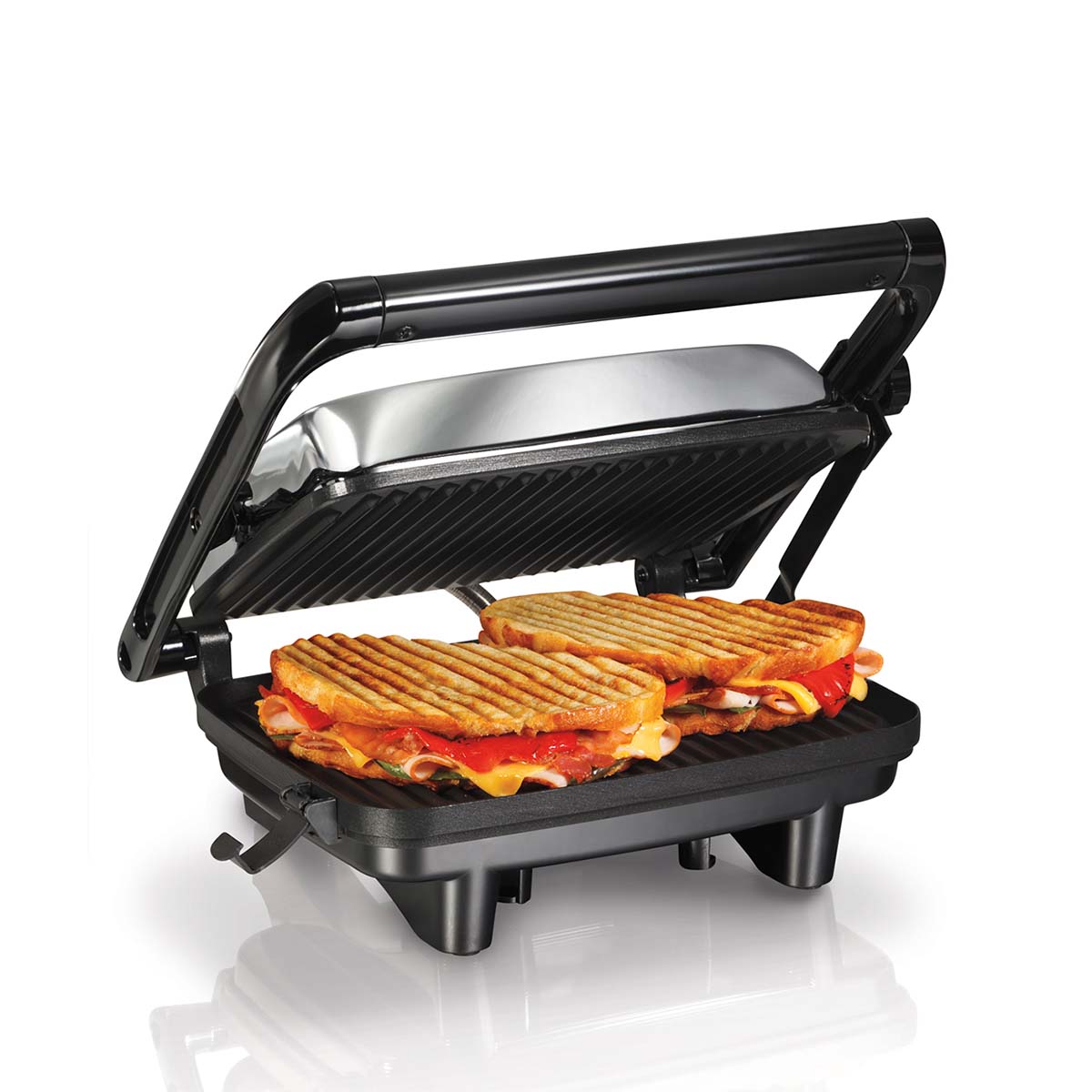 PARRILLA ELECTRICA PANINI GRILL TAPA FLOTANTE PLATA HAMILTON BEACH 25460G