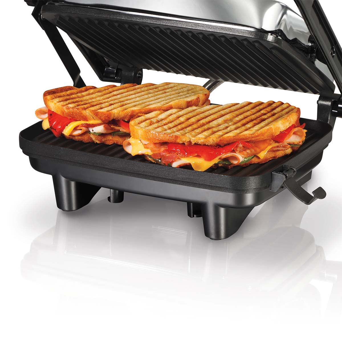 PARRILLA ELECTRICA PANINI GRILL TAPA FLOTANTE PLATA HAMILTON BEACH 25460G