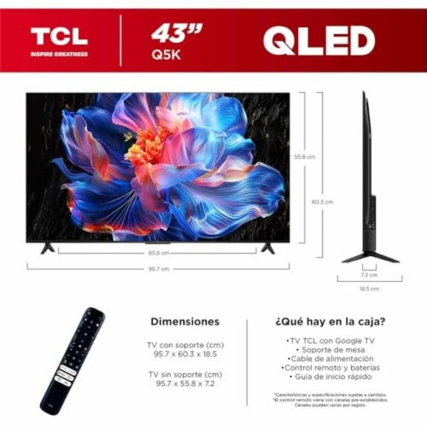 TCL Smart TV 2025 Pantalla 43" 43Q5K Google TV QLED 4K Google Assistant | Hands Free Voice Control | Alexa | VisionHDR10+| AiPQ™ | Micro Dimming | NITS350 | Panel 60 Hz