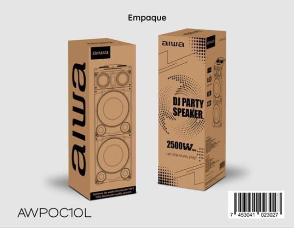 Aiwa Bocina Bluetooth, DJ Top, Parlante, Sistema de Audio, Torre de Sonido, USB 2500W PMPO Mod. AWPOC10L