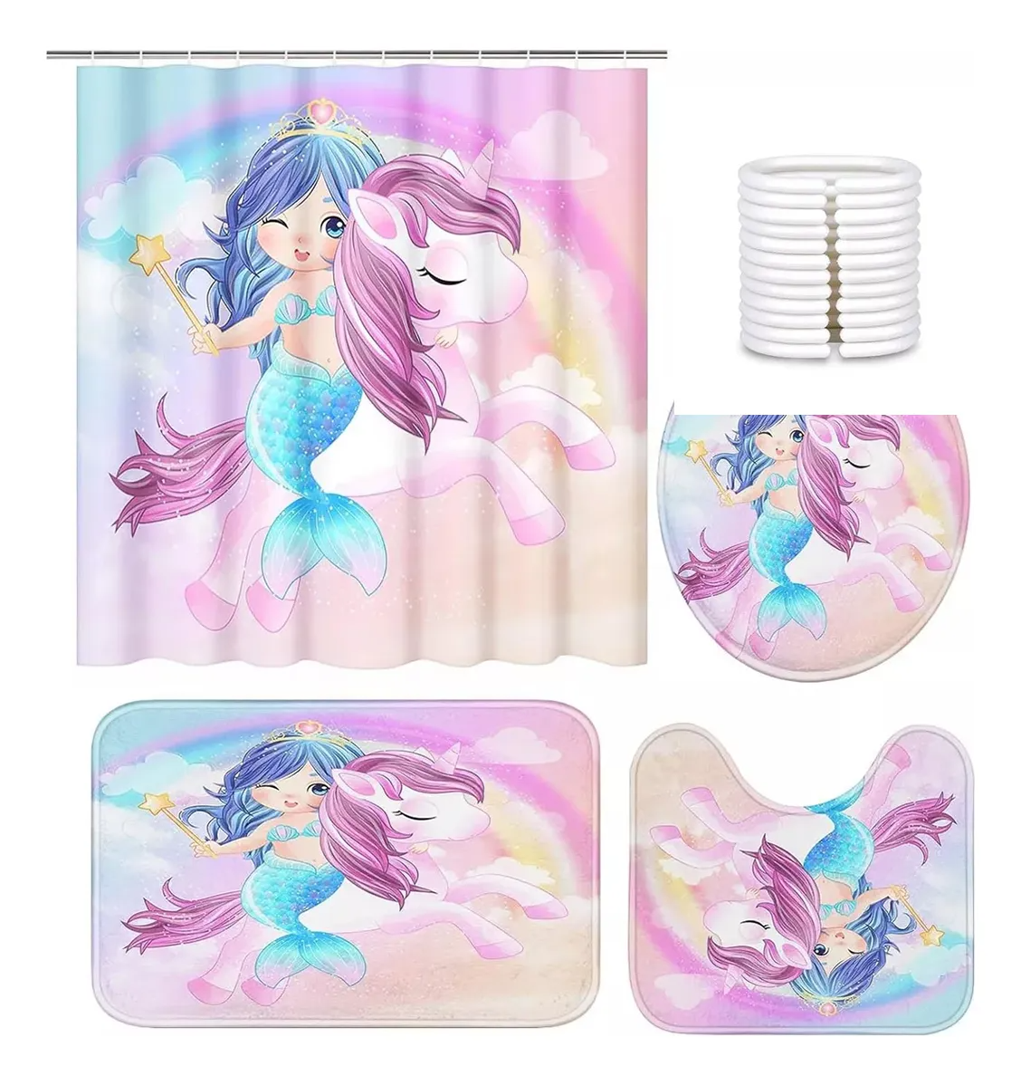 Juego De 4 Cortinas De Ducha Lindo Unicornio Sirena Niños