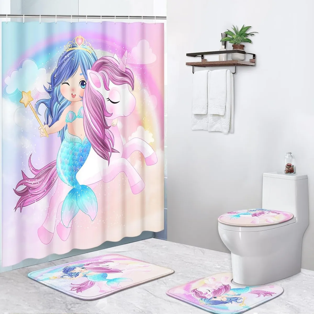 Juego De 4 Cortinas De Ducha Lindo Unicornio Sirena Niños