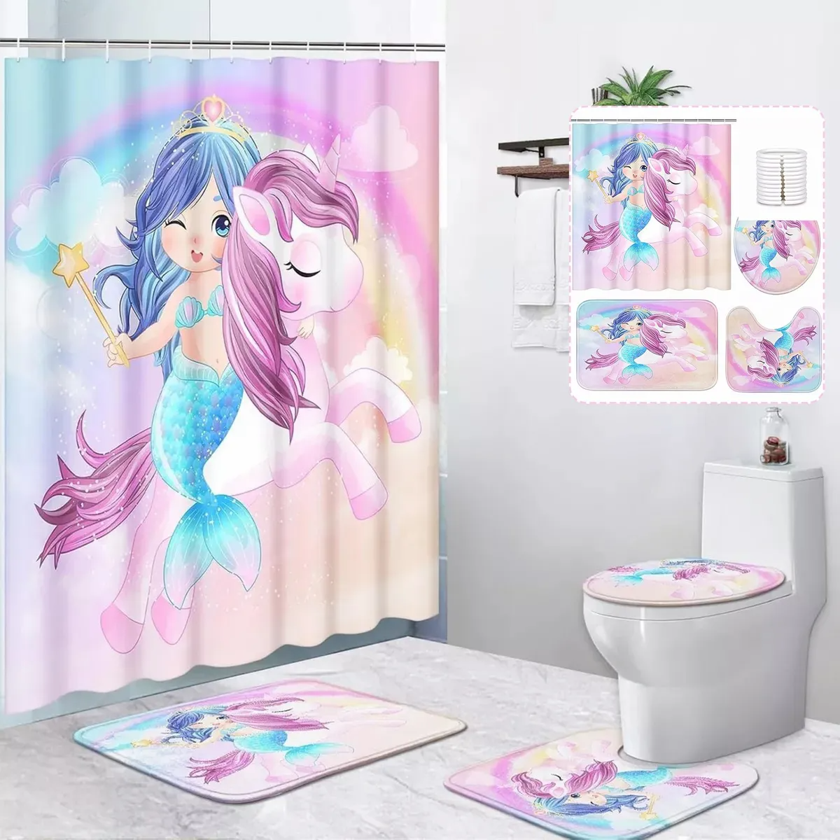Juego De 4 Cortinas De Ducha Lindo Unicornio Sirena Niños