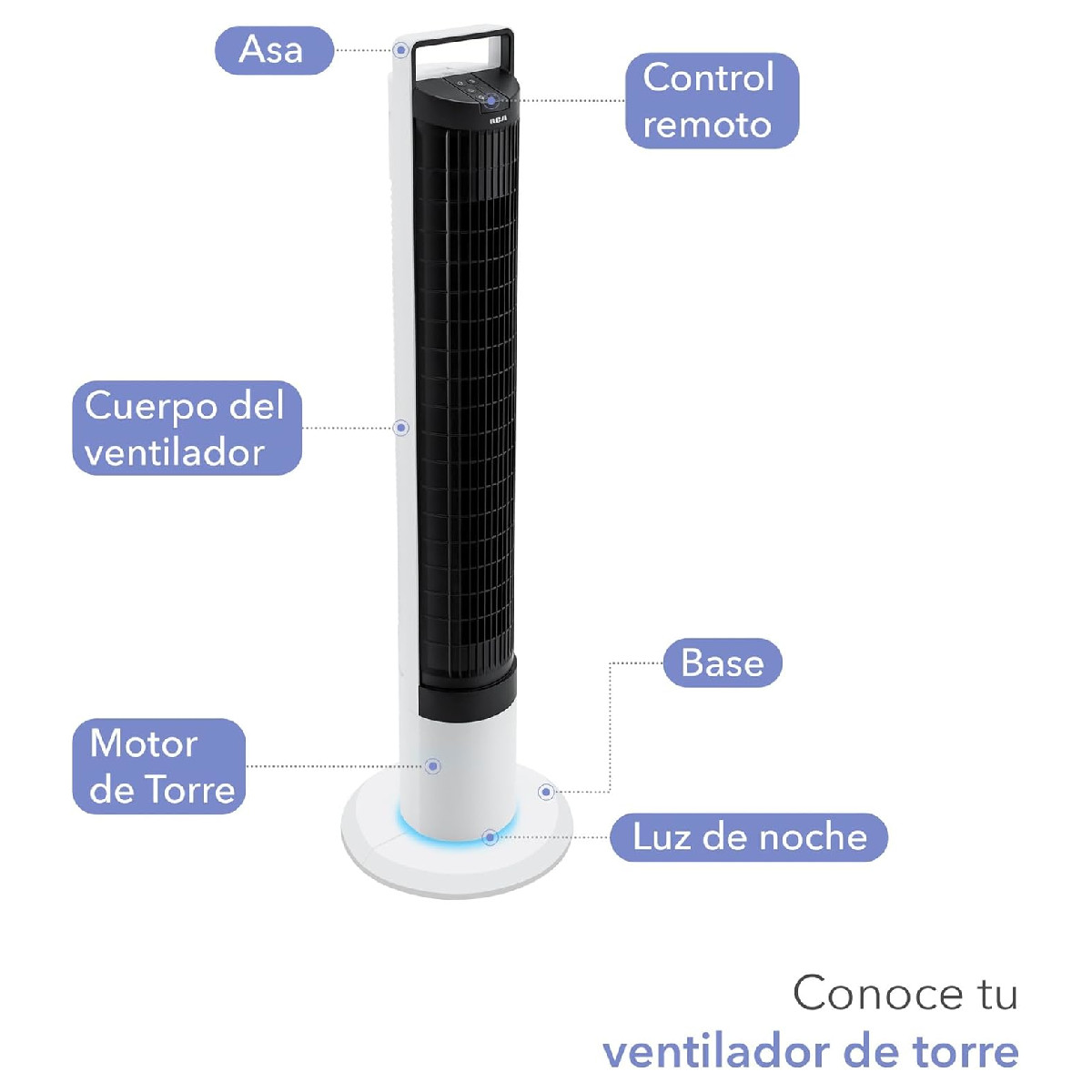 Ventilador torre RCA Lavable C/Control 4vel Temporizador Luz
