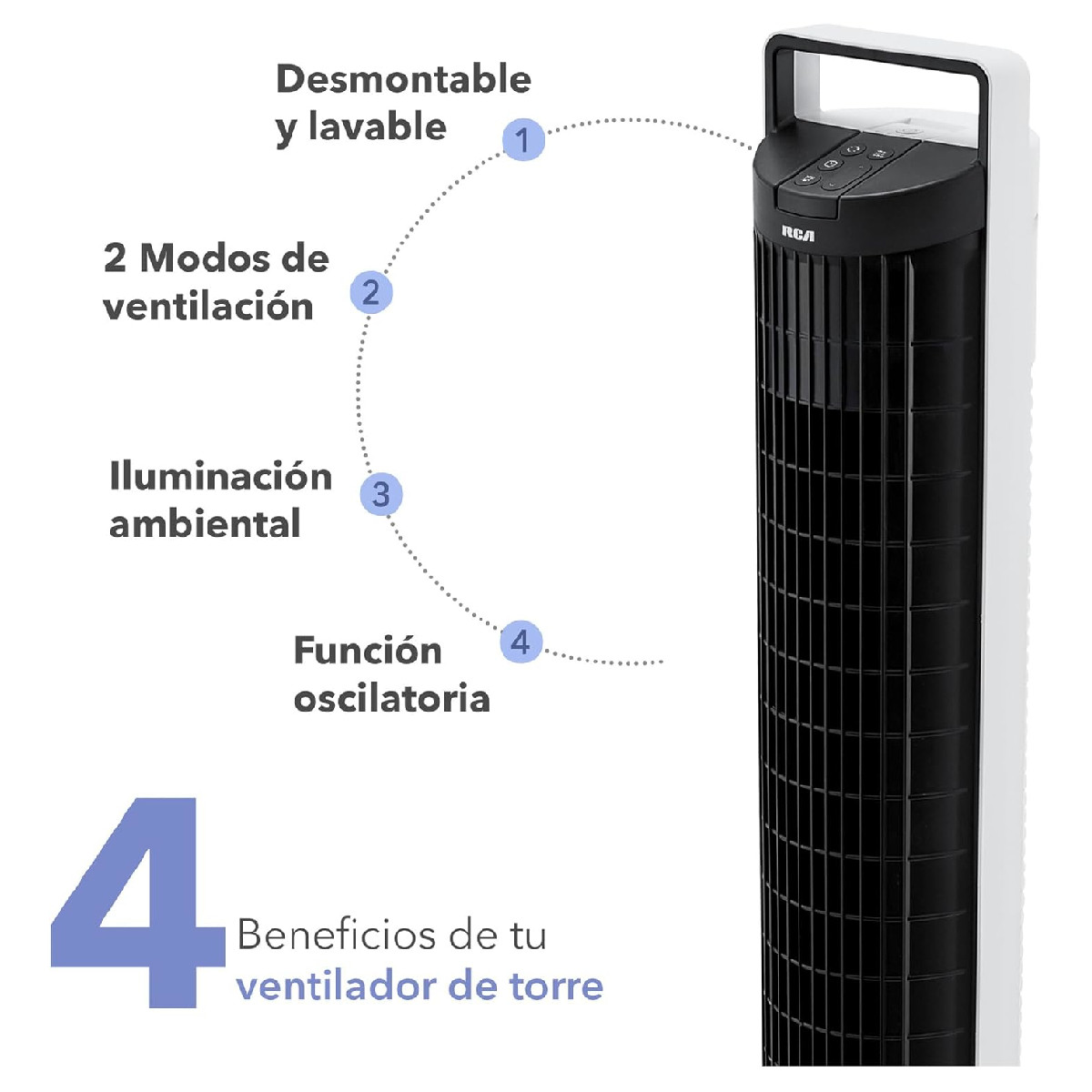Ventilador torre RCA Lavable C/Control 4vel Temporizador Luz