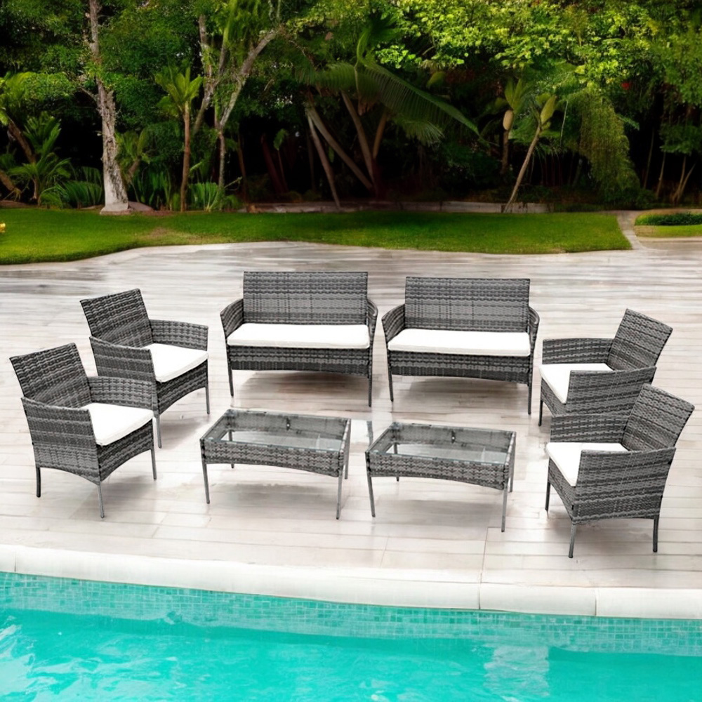 Ilios Innova Sala para Jardín Mimbre Para 8 Personas | Sillones de mimbre Para Exteriores con mesa de centro | Set para Exteriores 6 Sofás con Asiento Acolchado y 2 Mesas de Vidrio