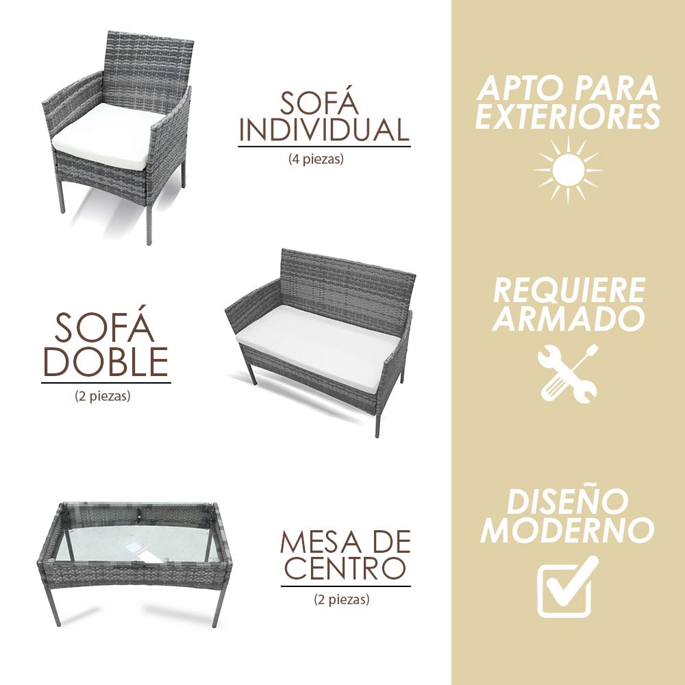 Ilios Innova Sala para Jardín Mimbre Para 8 Personas | Sillones de mimbre Para Exteriores con mesa de centro | Set para Exteriores 6 Sofás con Asiento Acolchado y 2 Mesas de Vidrio