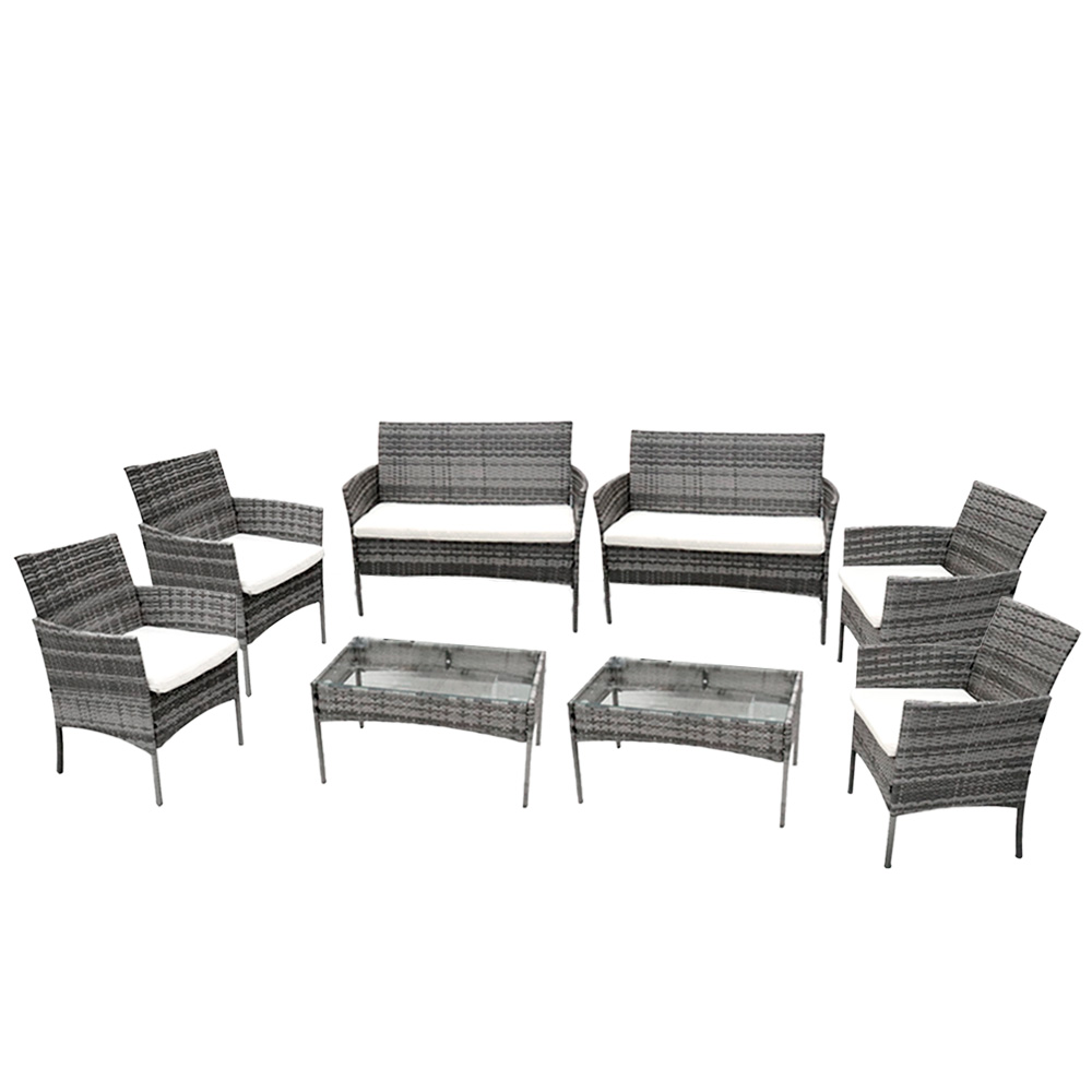 Ilios Innova Sala para Jardín Mimbre Para 8 Personas | Sillones de mimbre Para Exteriores con mesa de centro | Set para Exteriores 6 Sofás con Asiento Acolchado y 2 Mesas de Vidrio