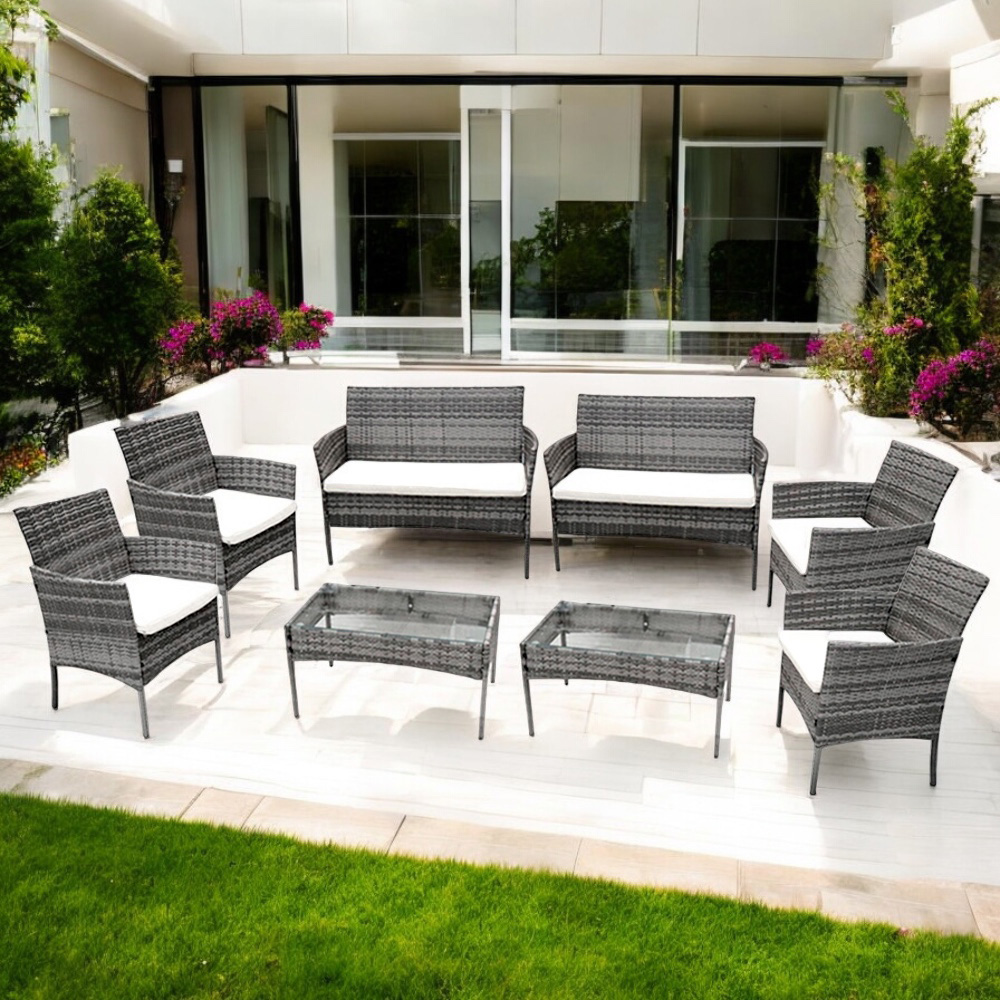 Ilios Innova Sala para Jardín Mimbre Para 8 Personas | Sillones de mimbre Para Exteriores con mesa de centro | Set para Exteriores 6 Sofás con Asiento Acolchado y 2 Mesas de Vidrio