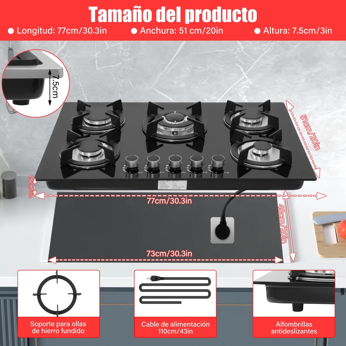 Parrilla Empotrable Cristal Templado Estufa 5 Quemadores Gas