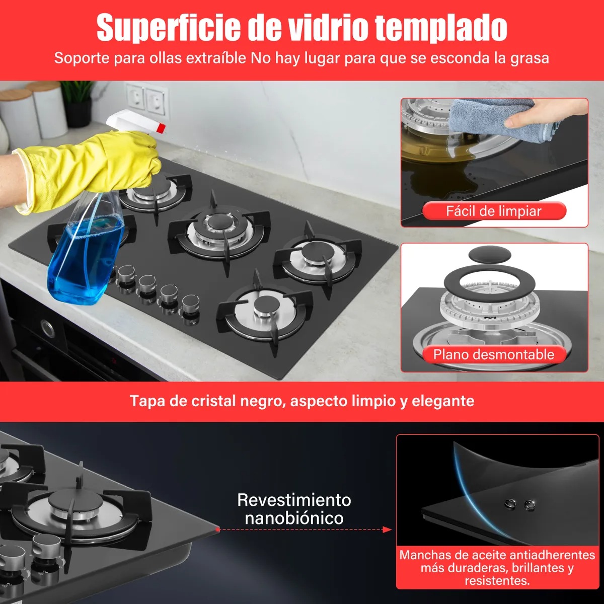 Parrilla Empotrable Cristal Templado Estufa 5 Quemadores Gas