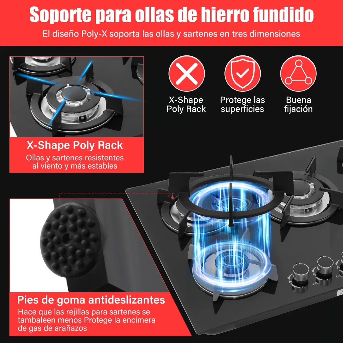 Parrilla Empotrable Cristal Templado Estufa 5 Quemadores Gas
