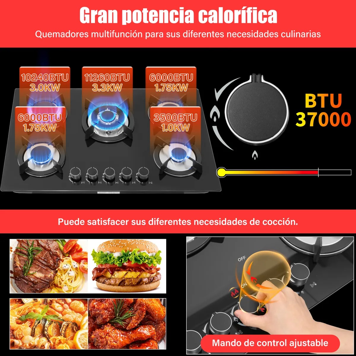 Parrilla Empotrable Cristal Templado Estufa 5 Quemadores Gas
