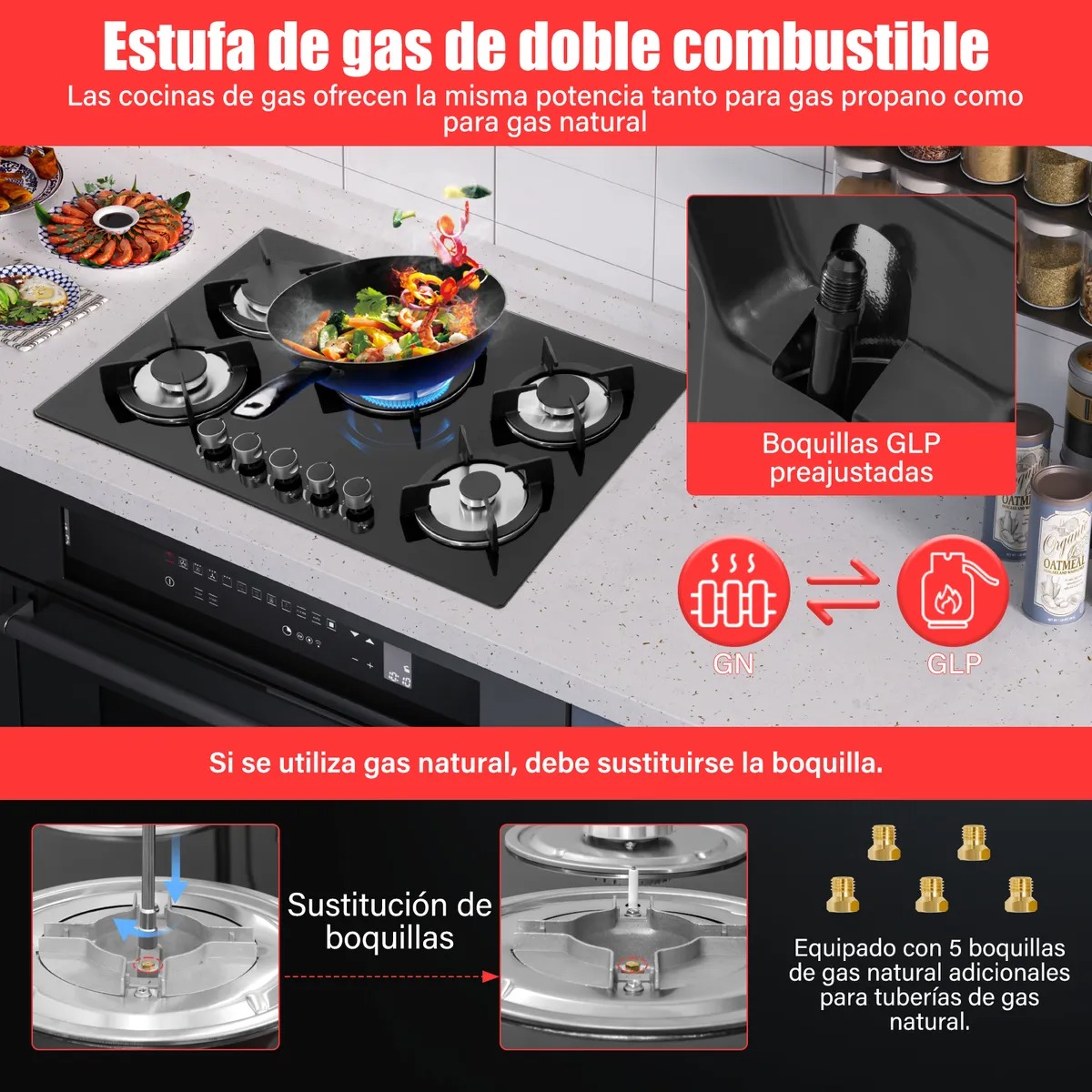 Parrilla Empotrable Cristal Templado Estufa 5 Quemadores Gas