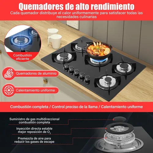 Parrilla Empotrable Cristal Templado Estufa 5 Quemadores Gas