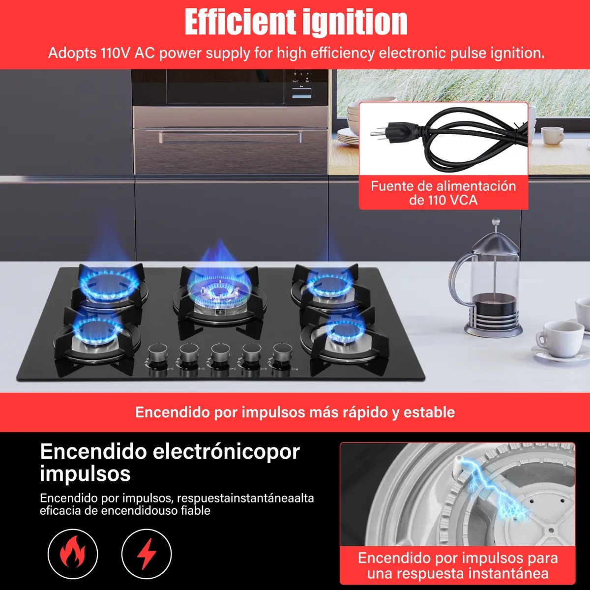 Parrilla Empotrable Cristal Templado Estufa 5 Quemadores Gas