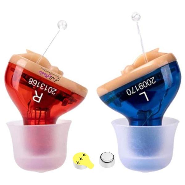 Mini Amplificadores Oidos Sordera MXHGL-001-1 1 par ITE RojoAzul 200 a 7645Hz 27,6dB Batería A10 1,5V Plástico ABS, HearingPlus