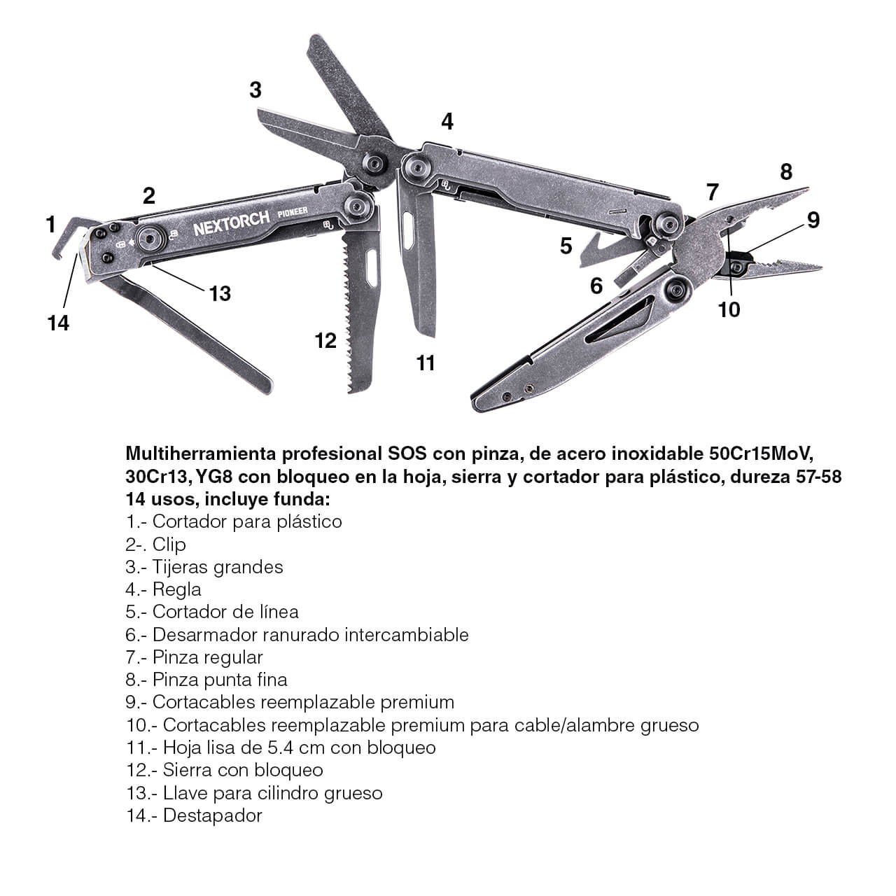 Multiherramienta S.O.S. Nextorch, PIONEER, con pinza y tijera de 14 usos, de acero inox, dureza 57-58, acero