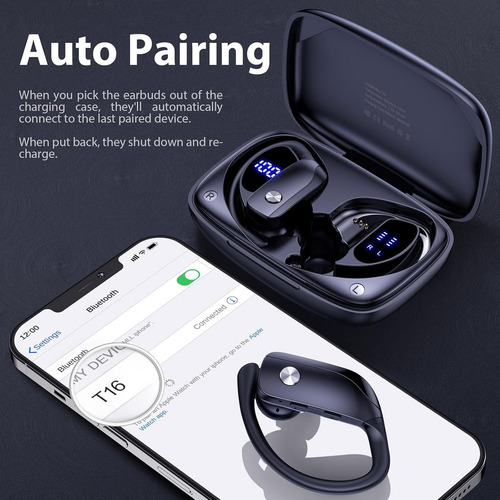 Audífonos Inalambricos BMANI T16 Auricular Dentro De Oído Con pantalla digital 48 Horas Movimiento Cómodo Sport Negro