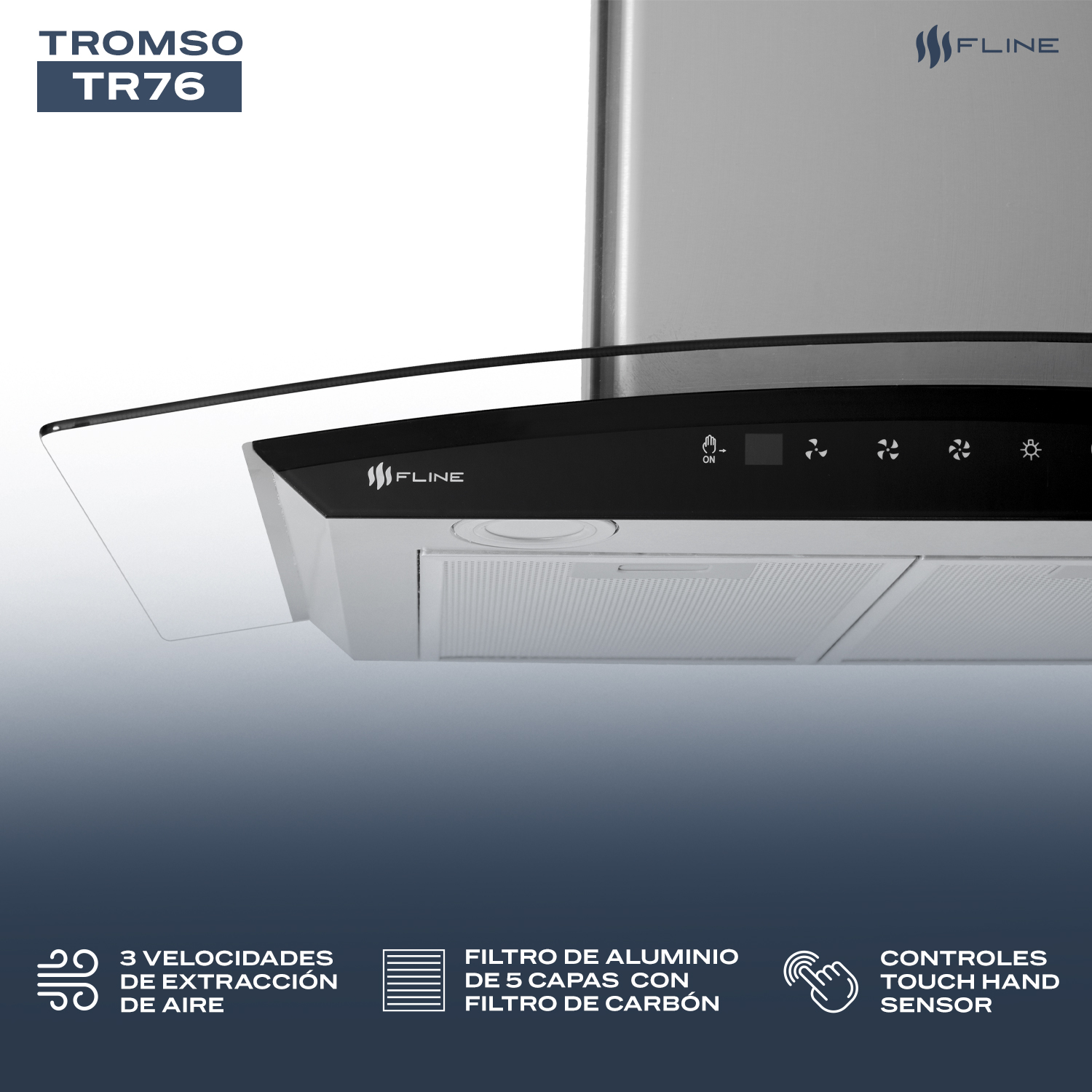 FLINE | Campana de cocina 76 cm | DE PARED | Controls Touch | extractora | cristal curvo y  acero Inoxidable | 3 velocidades | Tromso 76
