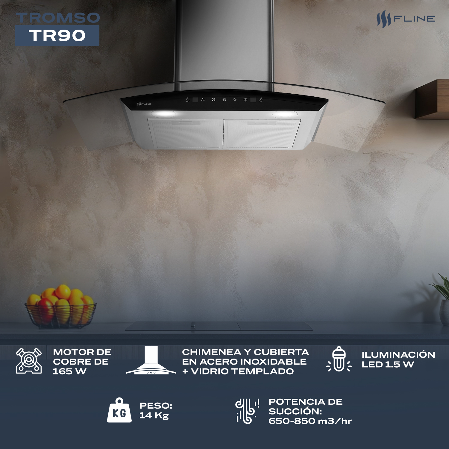 FLINE | Campana de cocina 90 cm | DE PARED | Controles Touch | extractora | cristal curvo y  acero Inoxidable | 3  velocidades | Tromso 90