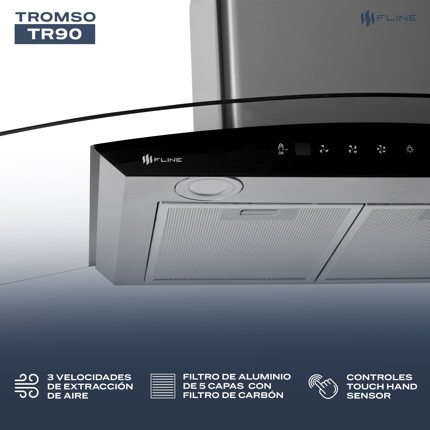 FLINE | Campana de cocina 90 cm | DE PARED | Controles Touch | extractora | cristal curvo y  acero Inoxidable | 3  velocidades | Tromso 90
