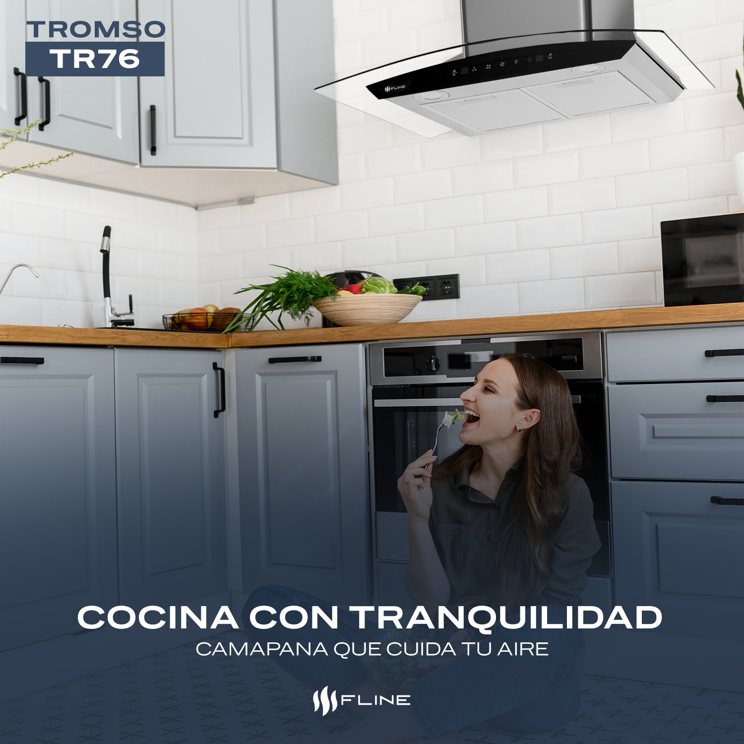 FLINE | Campana de cocina 76 cm | DE PARED | Controls Touch | extractora | cristal curvo y  acero Inoxidable | 3 velocidades | Tromso 76