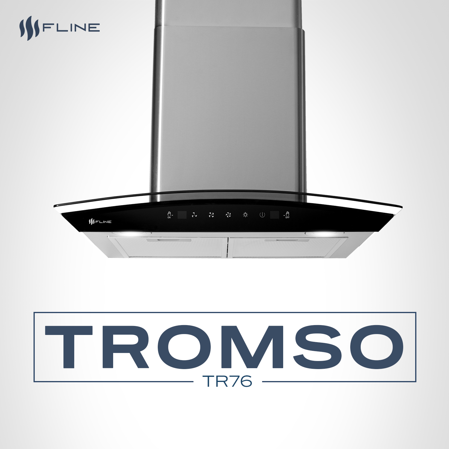 FLINE | Campana de cocina 76 cm | DE PARED | Controls Touch | extractora | cristal curvo y  acero Inoxidable | 3 velocidades | Tromso 76