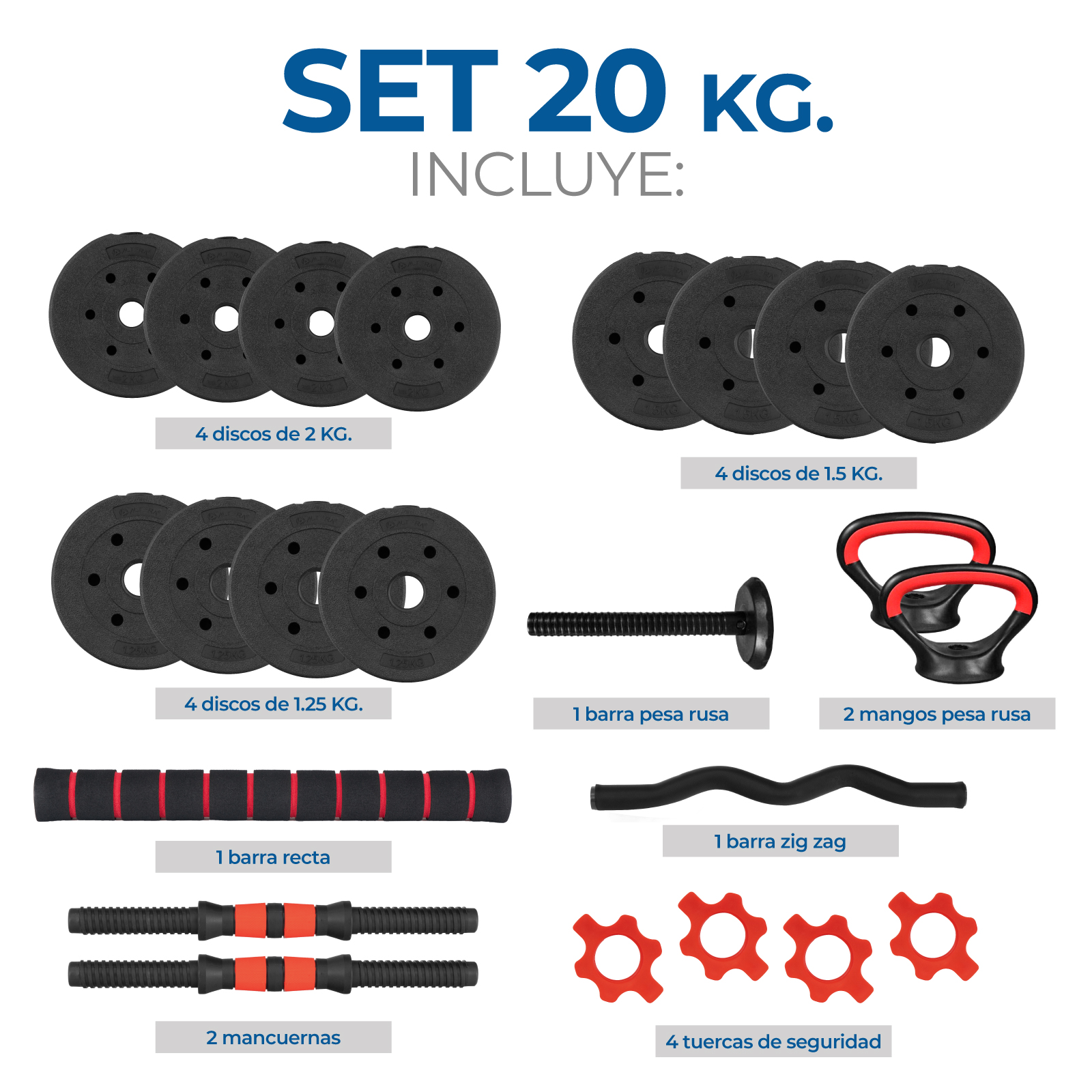 Set Mancuernas Altera Barra Ajustable 20kg Pesa Rusa Discos color Rojo