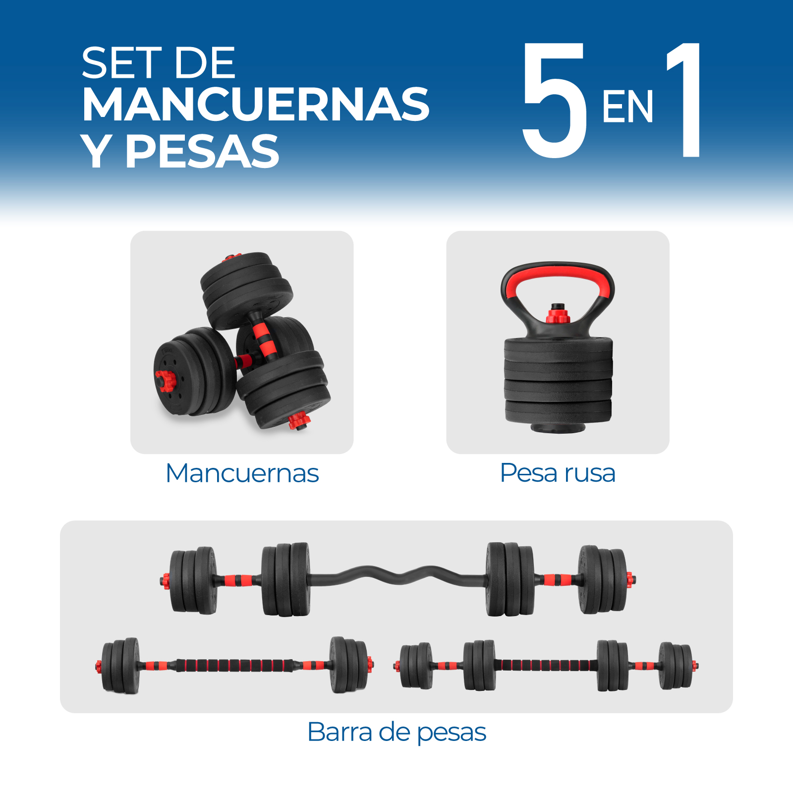 Set Mancuernas Altera Barra Ajustable 20kg Pesa Rusa Discos color Rojo
