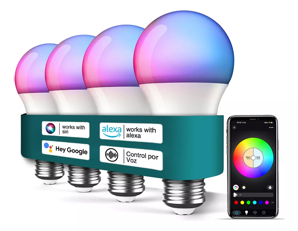 4 Focos Led Wifi Inteligente Rgbcw Alexa Google Siri 9w E27 Sólo con Wifi 2.4G Control Por Voz Ajustable Luz Multicolor Bombillas Luz Focos Bluetooth Rgb 127v
