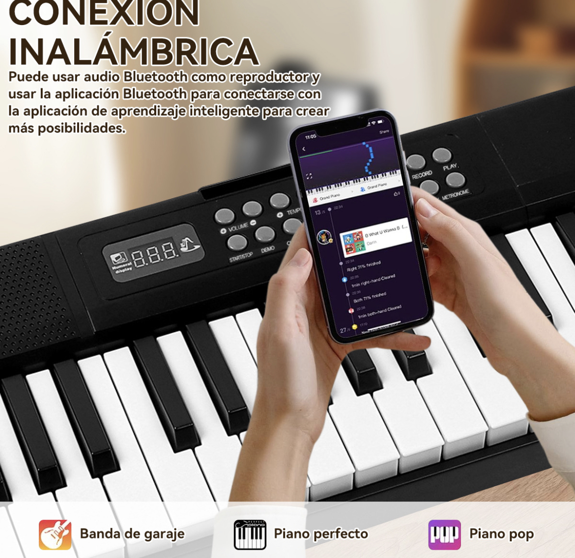 Teclado Musical Bluetooth Midi de 61 Teclas Piano Electrónico 200 Ritmos 80 Demo Songs 