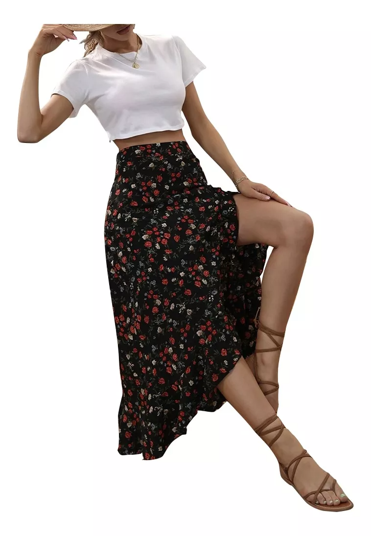 Dama Falda Negra Maxi Largas Mujer Flores Impresión Casual.