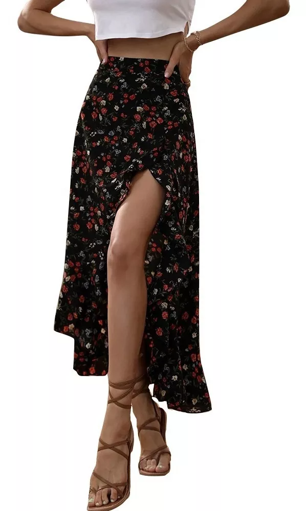 Dama Falda Negra Maxi Largas Mujer Flores Impresión Casual.