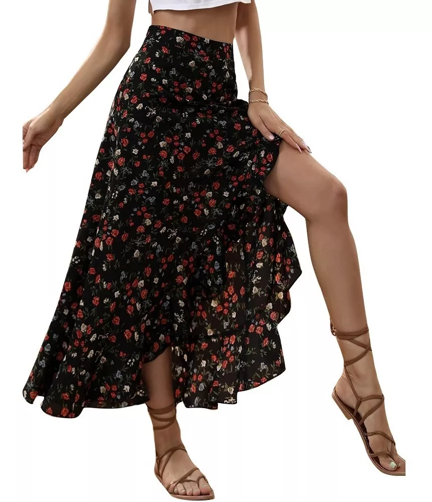 Dama Falda Negra Maxi Largas Mujer Flores Impresión Casual.
