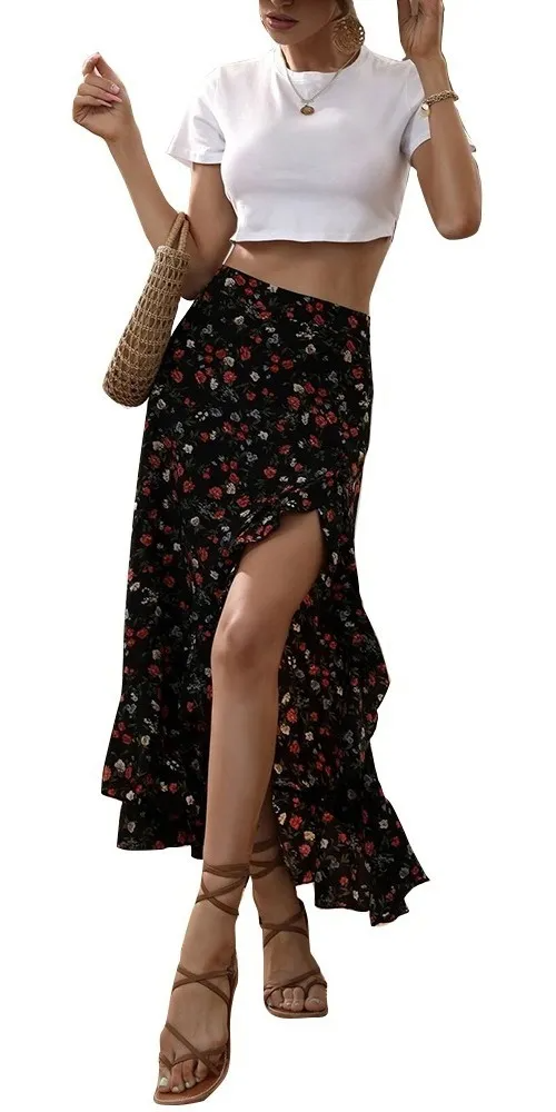 Dama Falda Negra Maxi Largas Mujer Flores Impresión Casual.