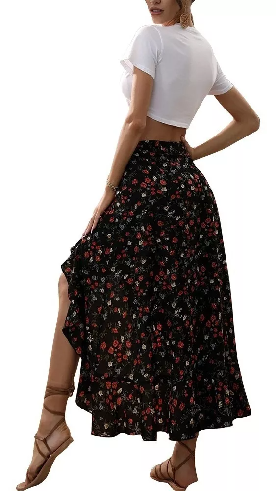Dama Falda Negra Maxi Largas Mujer Flores Impresión Casual.