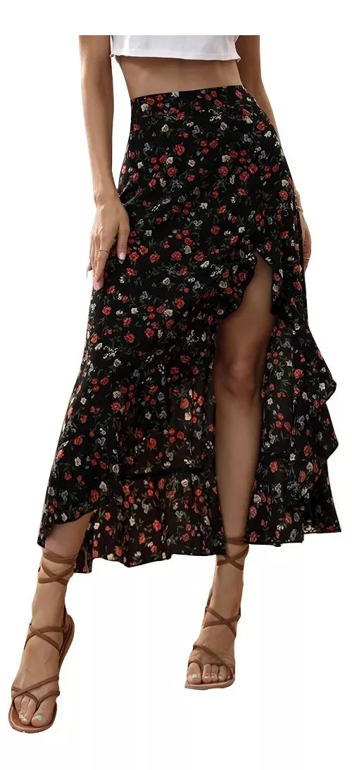 Dama Falda Negra Maxi Largas Mujer Flores Impresión Casual.