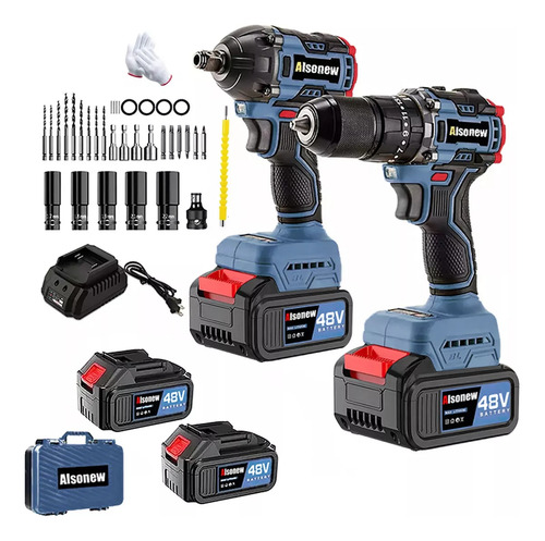 Alsonew Carrying briefcase kit de llave de impacto sin escobillas con dos baterías color azul 48v