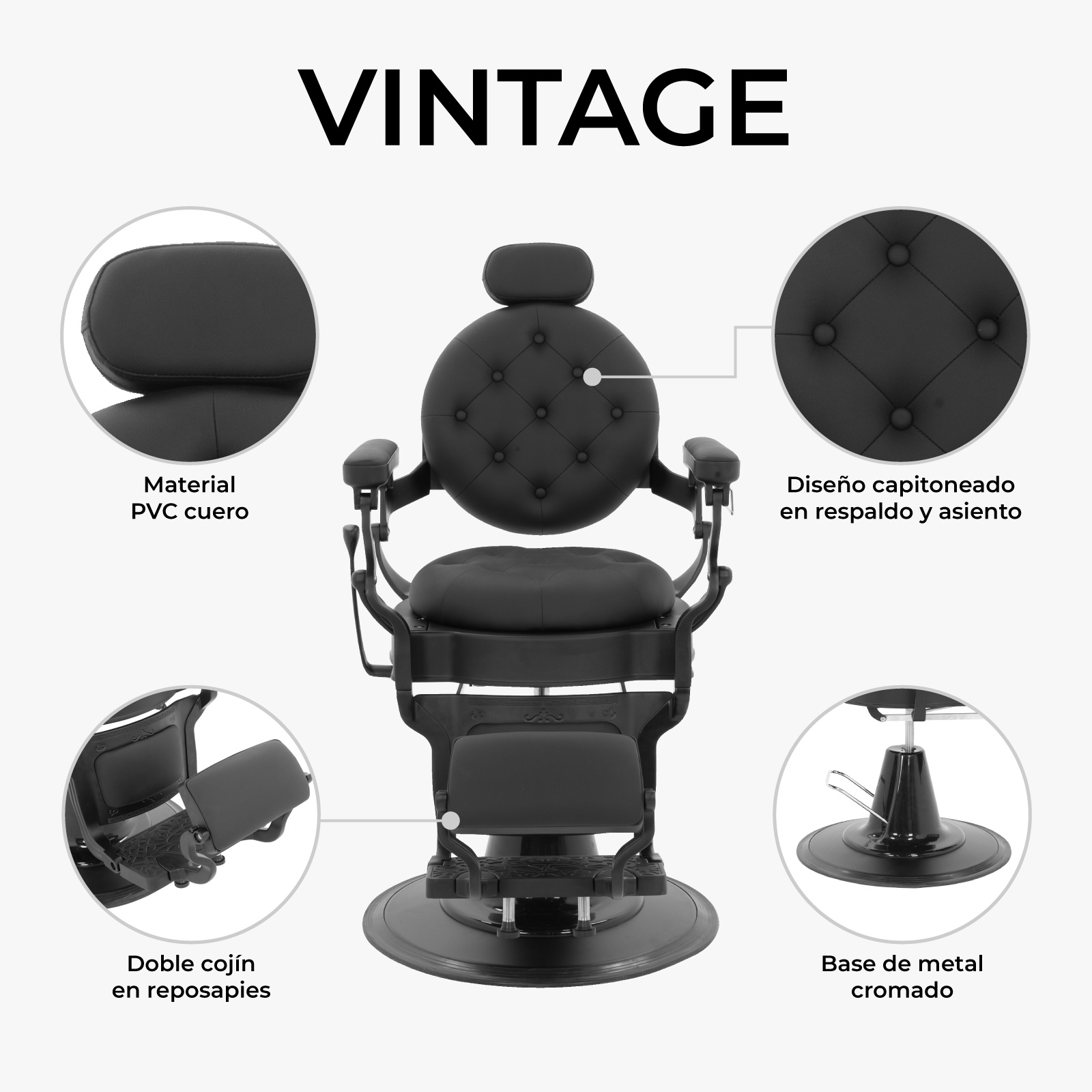 Sillon De Peluquero Antiguo Onof Vintage Reclinable Estetica Color Negro Mate