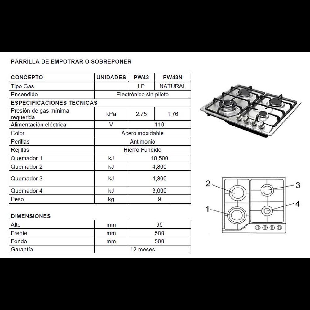 Parrilla Empotrable con 4 Quemadores Gas Natural Krüger