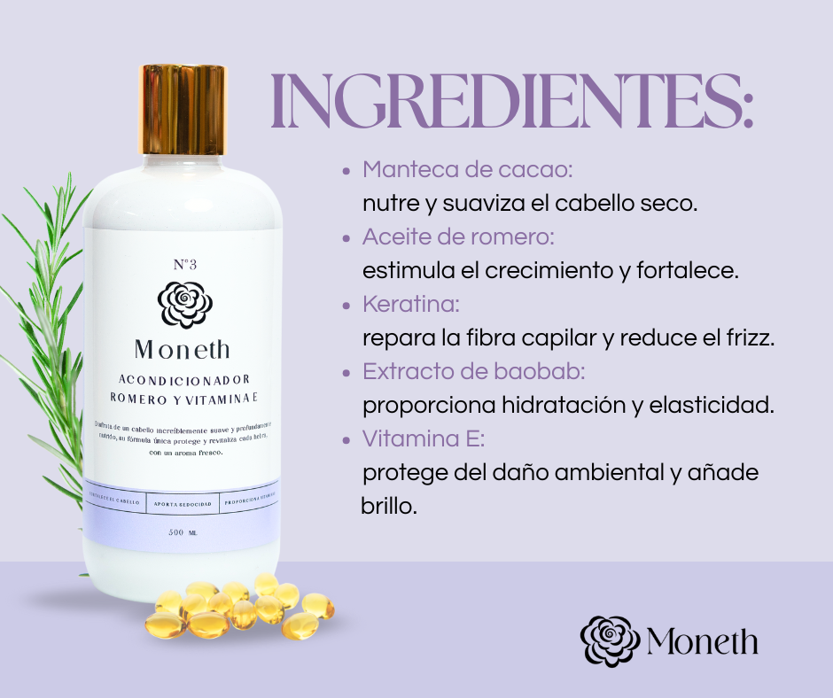 Moneth  Acondicionador de Romero y Vitamina E – Revitaliza y Fortalece tu Cabello desde la Raíz  500 ml