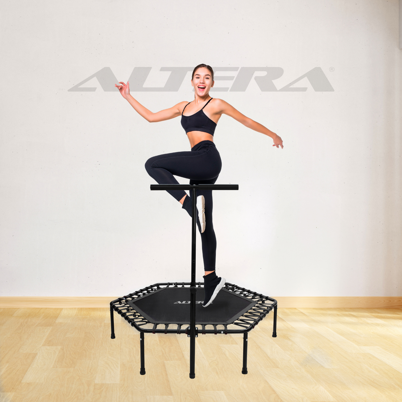 Trampolin Ejercicio Aerobico Altera Fitness Hexagonal Con Barra Agarradera Gym Jumping Aerobics Color Negro