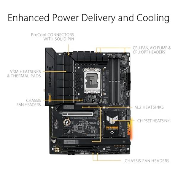 ASUS TUF GAMING B760-PLUS WIFI Intel B760 LGA 1700 ATX motherboard, Ready for 14th, 13th & 12th Gen Intel® Core CPU, 12+1+1 Stages, PCIe 5.0, 3x M.2, DDR5, 2.5G, USB 3.2 Type-C®, T