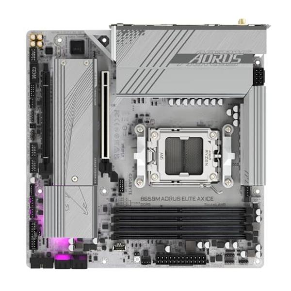 GIGABYTE B650M AORUS Elite AX ICE AM5 LGA 1718 AMD B650 M-ATX Motherboard with 5-Year Warranty, DDR5, 2* M.2, PCIe 5.0, USB 3.2 Gen2X2 Type-C, 2.5GbE LAN, Q-Flash Plus, EZ-Latch