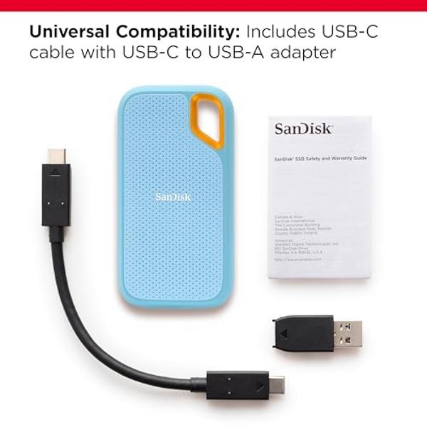 SanDisk 2TB Extreme Portable SSD - Up to 1050MB/s, USB-C, USB 3.2 Gen 2, IP65 Water and dust Resistance, Updated Firmware, Sky Blue - External Solid State Drive - SDSSDE61-2T00-G25