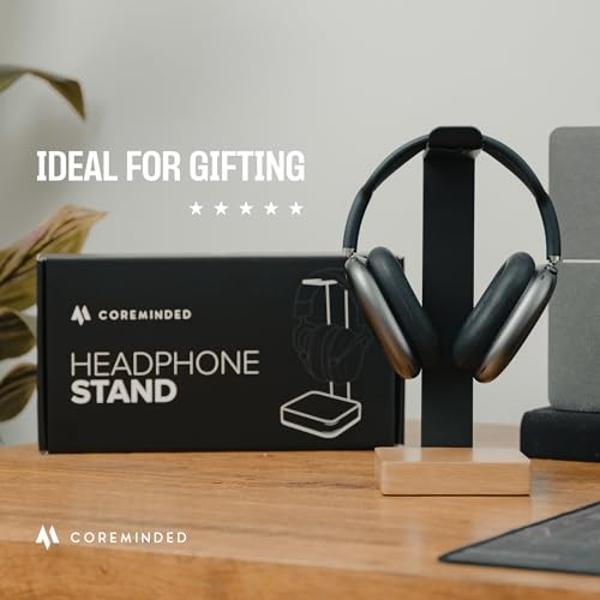 COREMINDED Universal Headphone Stand for Desk, Solid Wood Gaming Headset Stand, Heavy Duty Wooden Headphones Holder, Compatible with Airpods Max and More