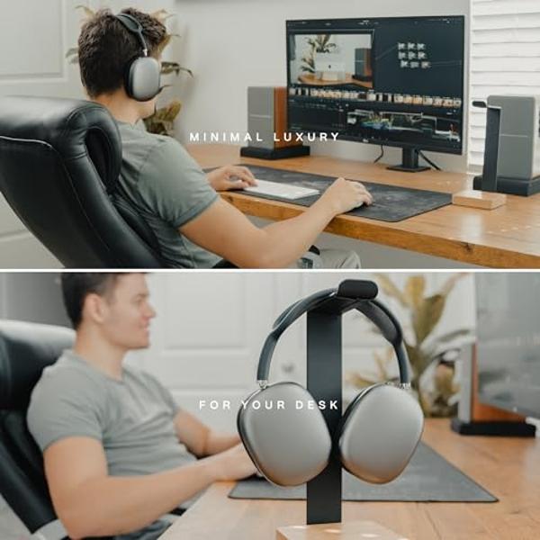 COREMINDED Universal Headphone Stand for Desk, Solid Wood Gaming Headset Stand, Heavy Duty Wooden Headphones Holder, Compatible with Airpods Max and More