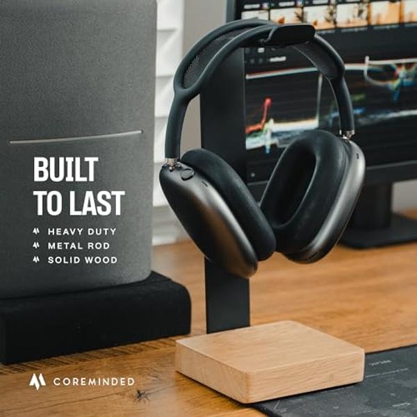 COREMINDED Universal Headphone Stand for Desk, Solid Wood Gaming Headset Stand, Heavy Duty Wooden Headphones Holder, Compatible with Airpods Max and More